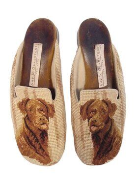 AMY JO GLADSTONE Chocolate Lab Dog Needlepoint/Petit Point Slippers Mules 7